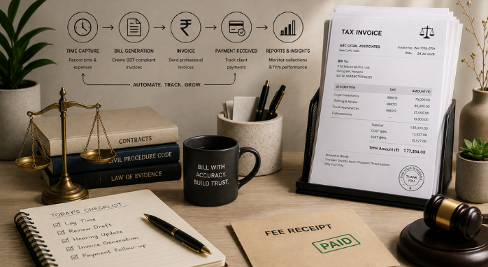 Legal billing software in India for law firms handling GST invoices time capture and collections